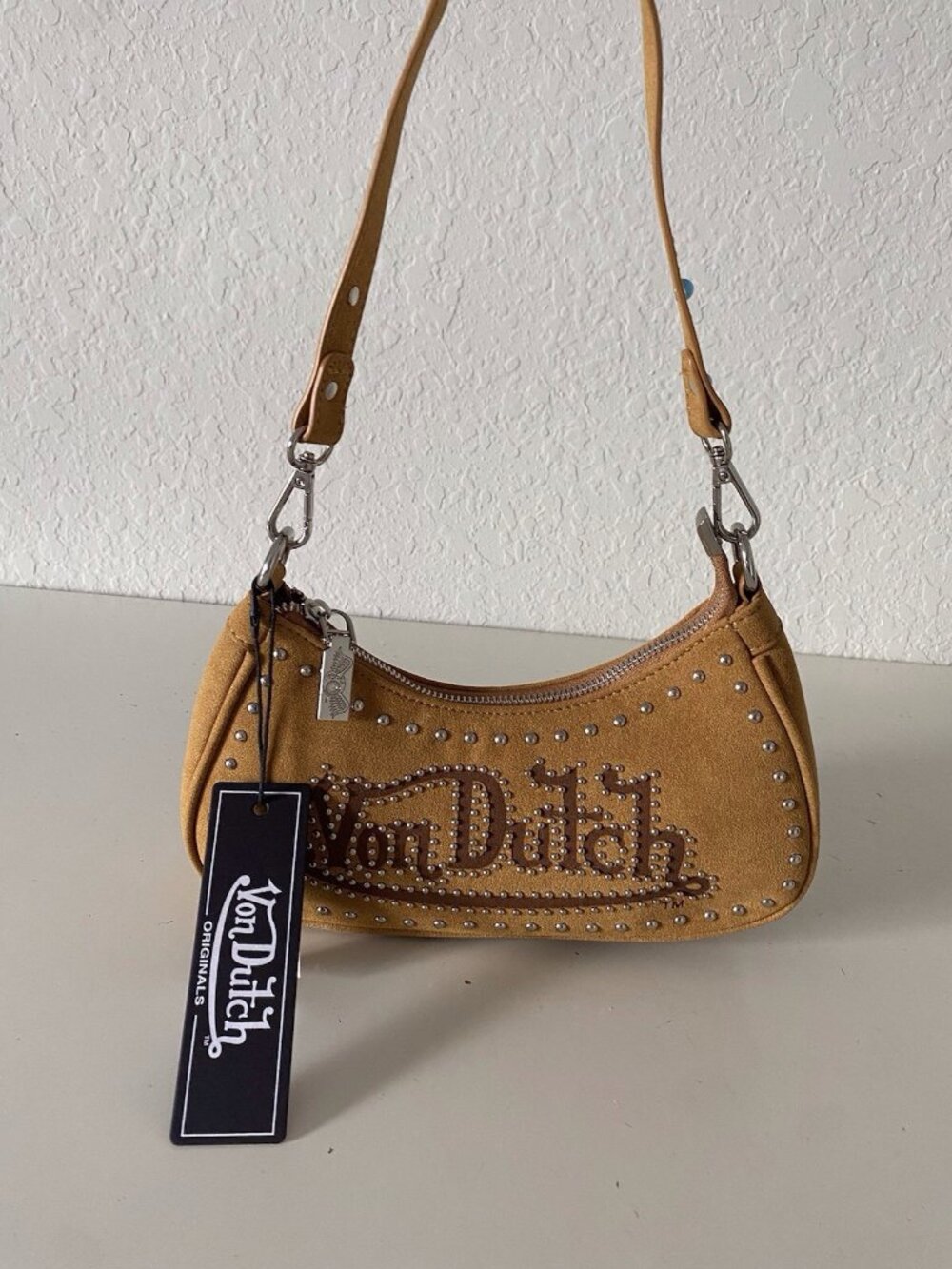 Von Dutch Tan Brown Suede Crescent Shoulder Bag Studded Logo Zip NEW